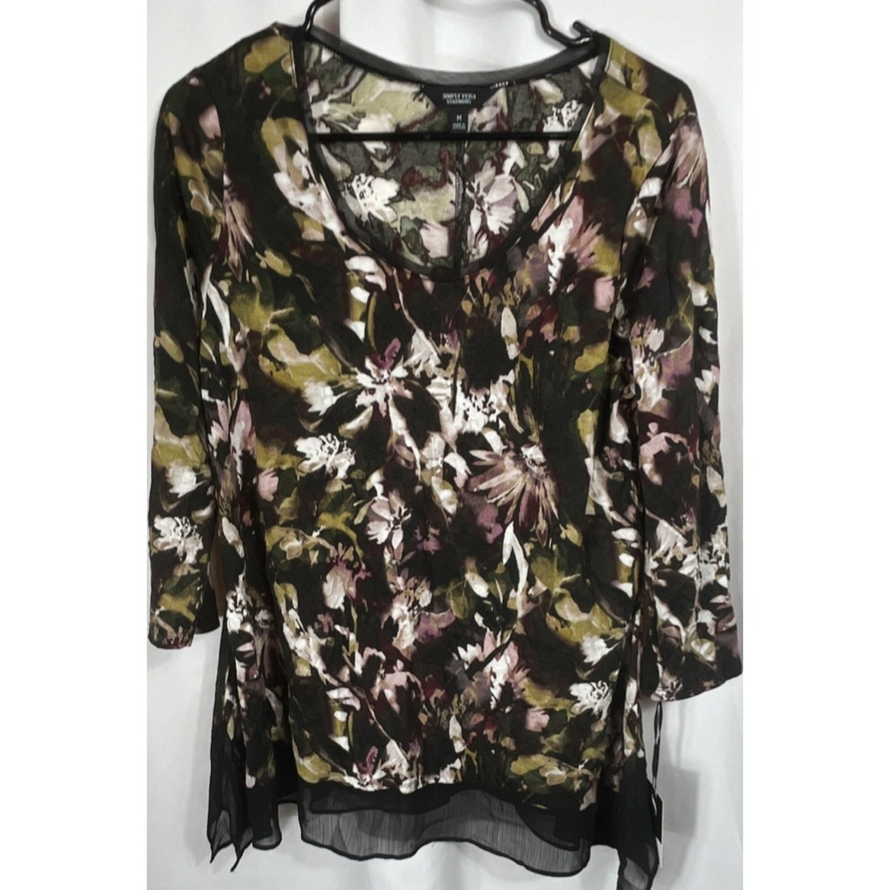 Simply Vera Vera Wang Floral Black Green Brown Sheer Layered Blouse Size Medium